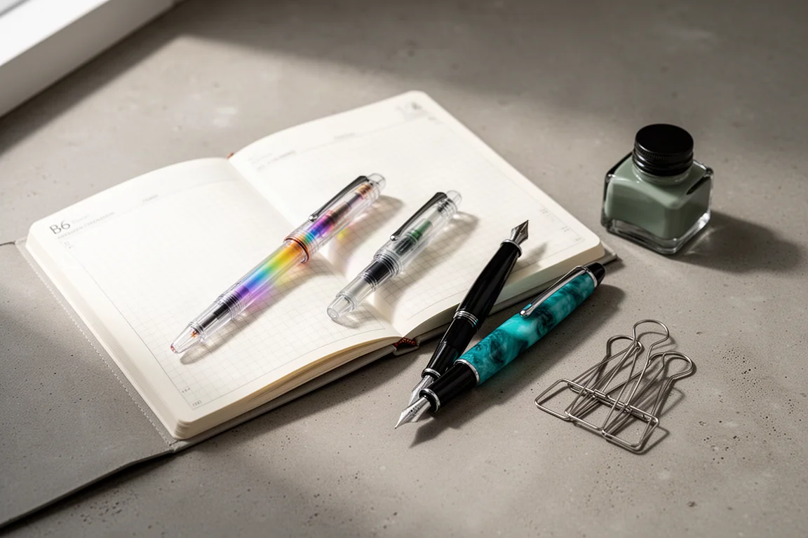Composizione flat-lay di un planner, due penne stilografiche, un calamaio e clip segna-indice su cemento