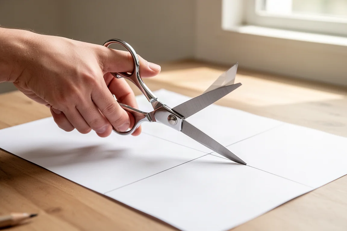 Tesoura para canhotos cortando com precisão ao longo de uma linha desenhada
