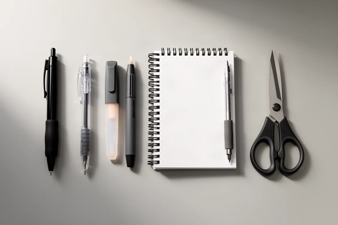 Composizione in flat-lay di articoli di cancelleria adatti ai mancini, con penne, un evidenziatore, una matita, un quaderno e delle forbici