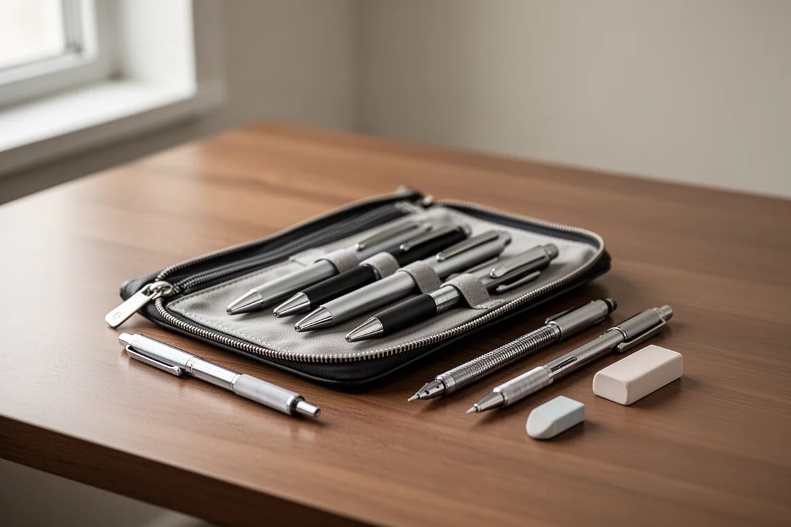 Open etui met schrijfgerei dat op een houten bureau is uitgestald