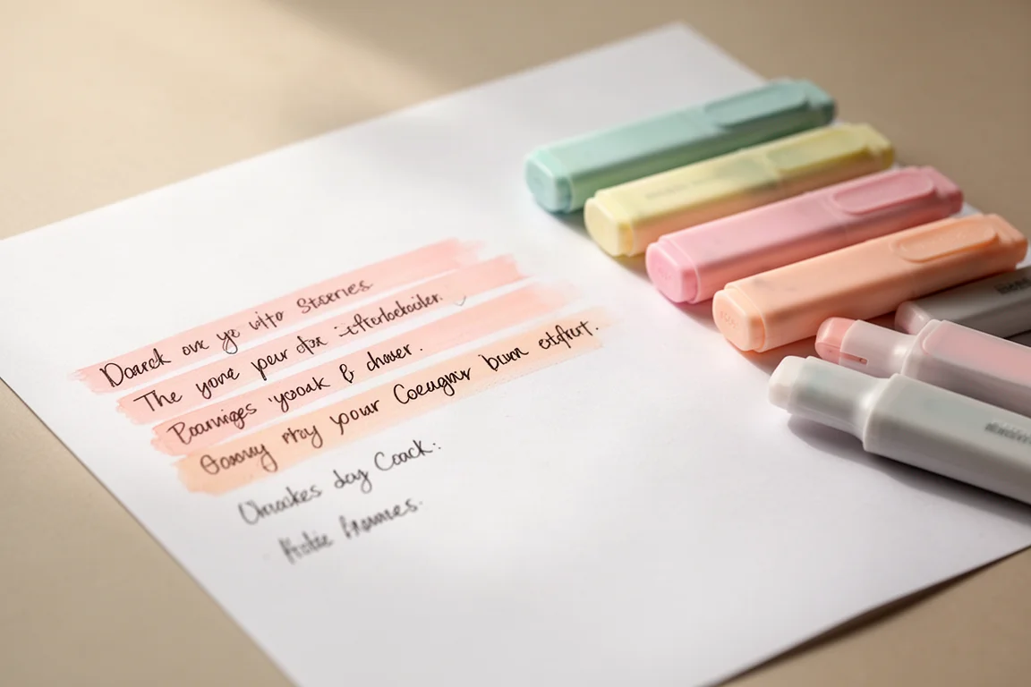 Met de hand geschreven aantekeningen naast een rij zachte pastelhighlighters