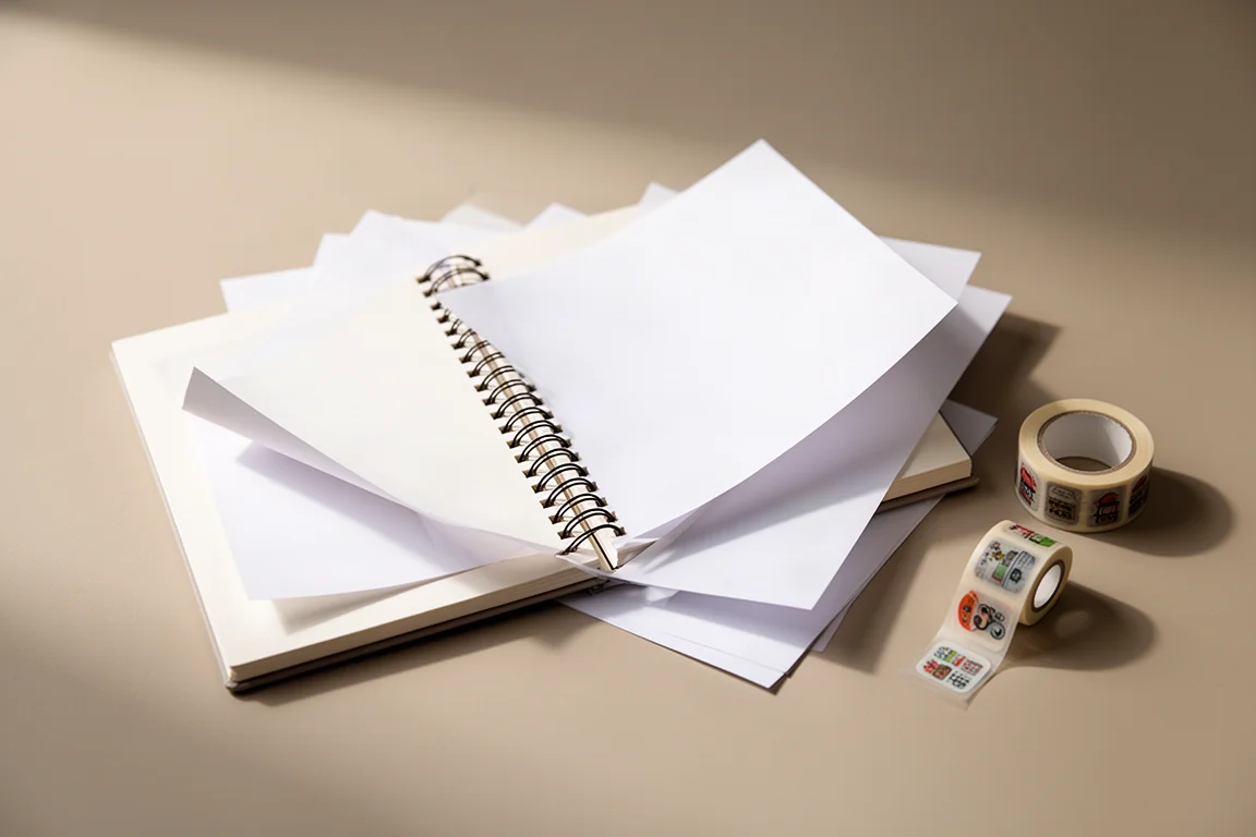 Pagina's van een ringbandnotitieboek worden op een net bureau herordend