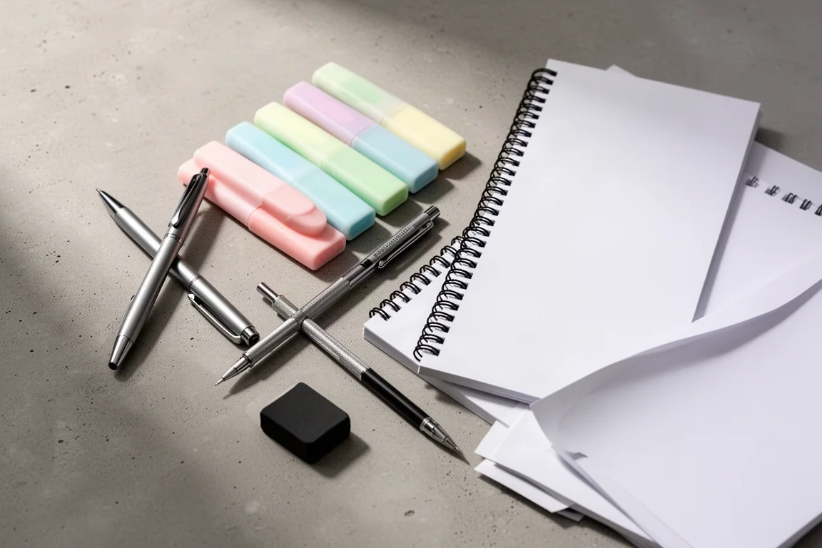 Flat-lay of stationery including pens, highlighters, a mechanical pencil, an eraser, and a notebook