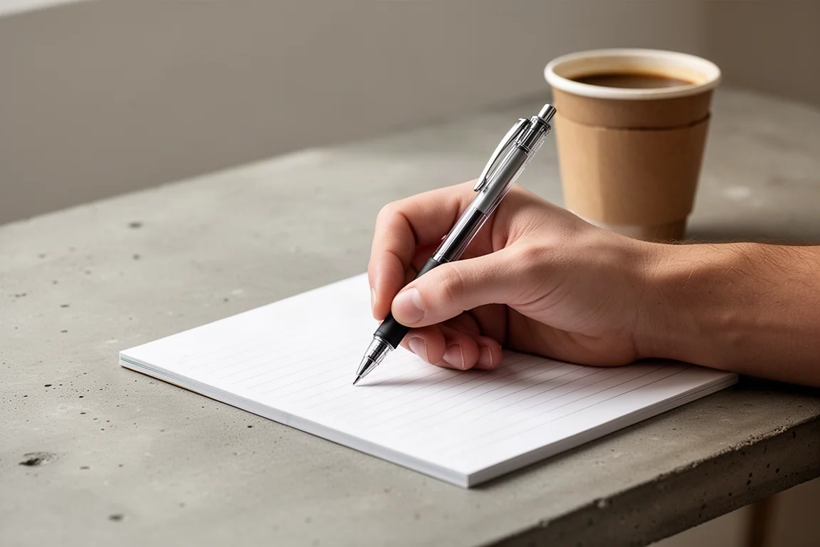 Una mano escribiendo con un bolígrafo en un bloc de notas rayado sobre un escritorio ordenado