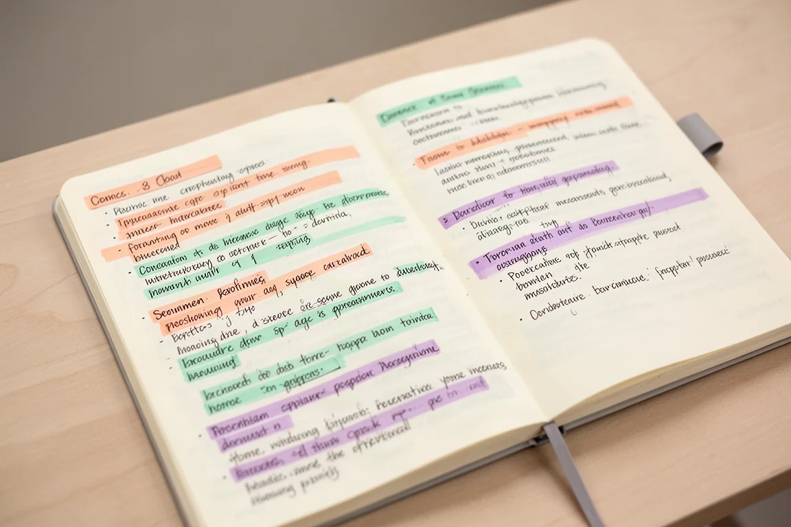 Cuaderno abierto con notas codificadas por colores resaltadas en tonos pastel suaves