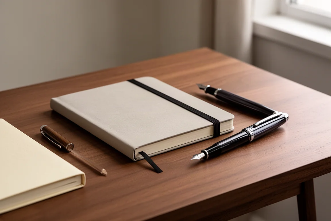Cuaderno de tapa dura cerrado con banda elástica sobre un escritorio junto a una pluma estilográfica