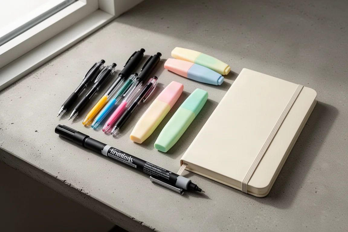 Flat-lay of pens, highlighters, markers, and a notebook on a concrete desk