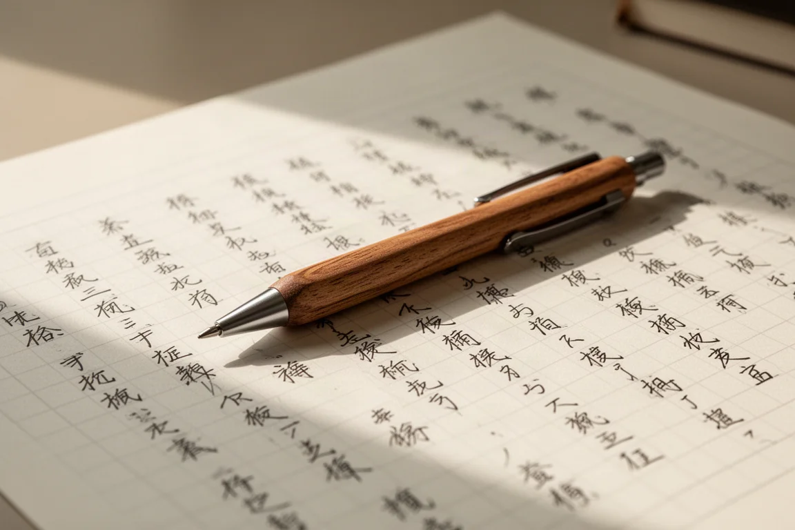 A wooden mechanical pencil resting beside handwritten kanji practice on graph paper
