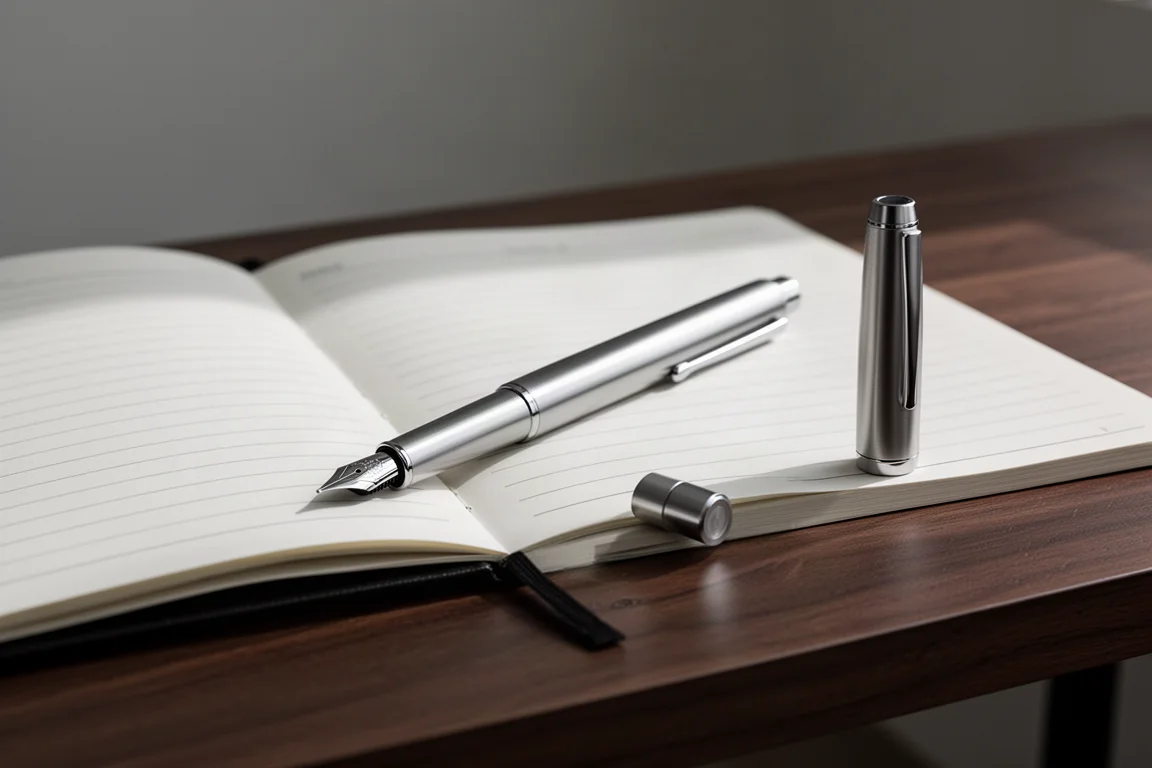 A sleek metal fountain pen with a magnetic cap on a dark desk beside an open notebook