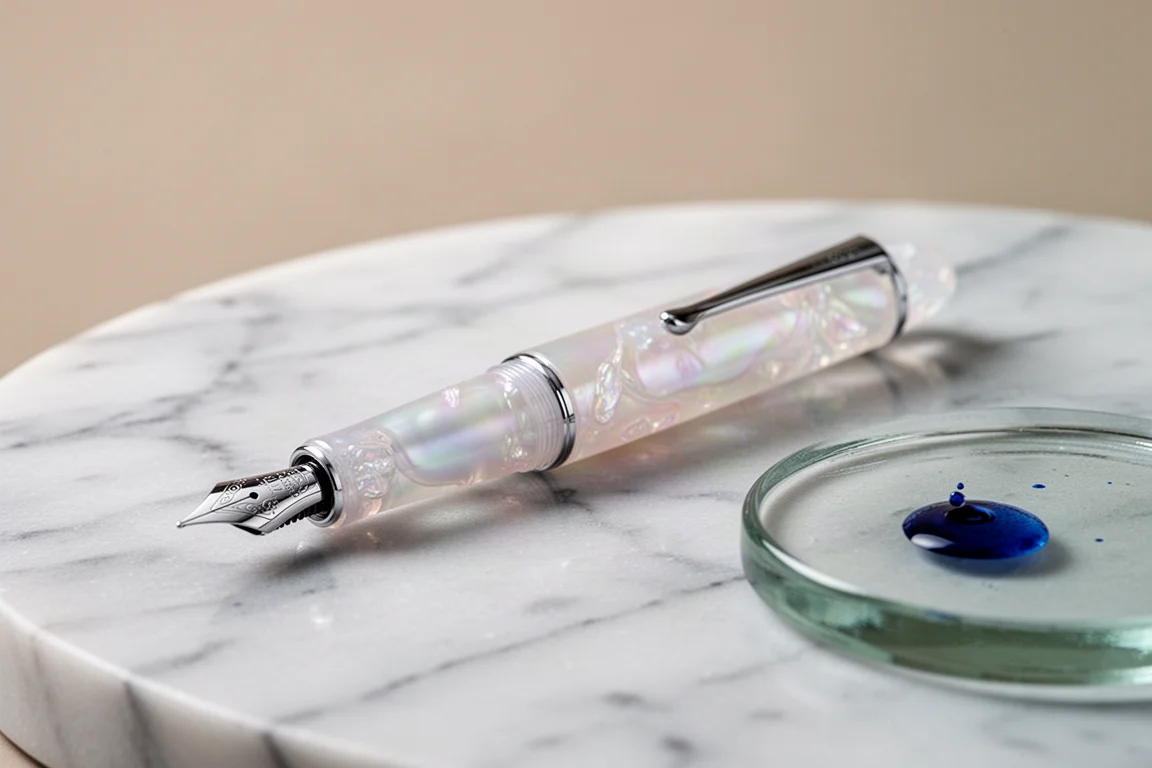 A pearlescent resin fountain pen catching soft light on a pale marble surface