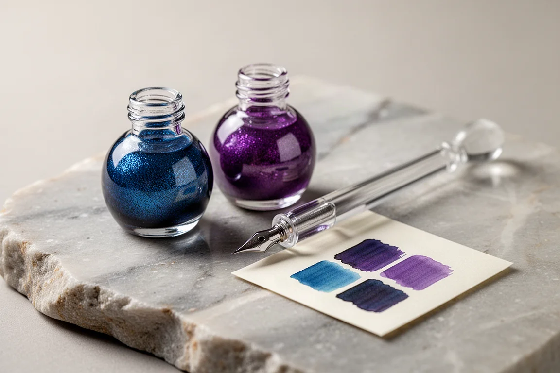 Two small ink bottles in shimmering blue and violet hues beside a glass dip pen on a stone surface