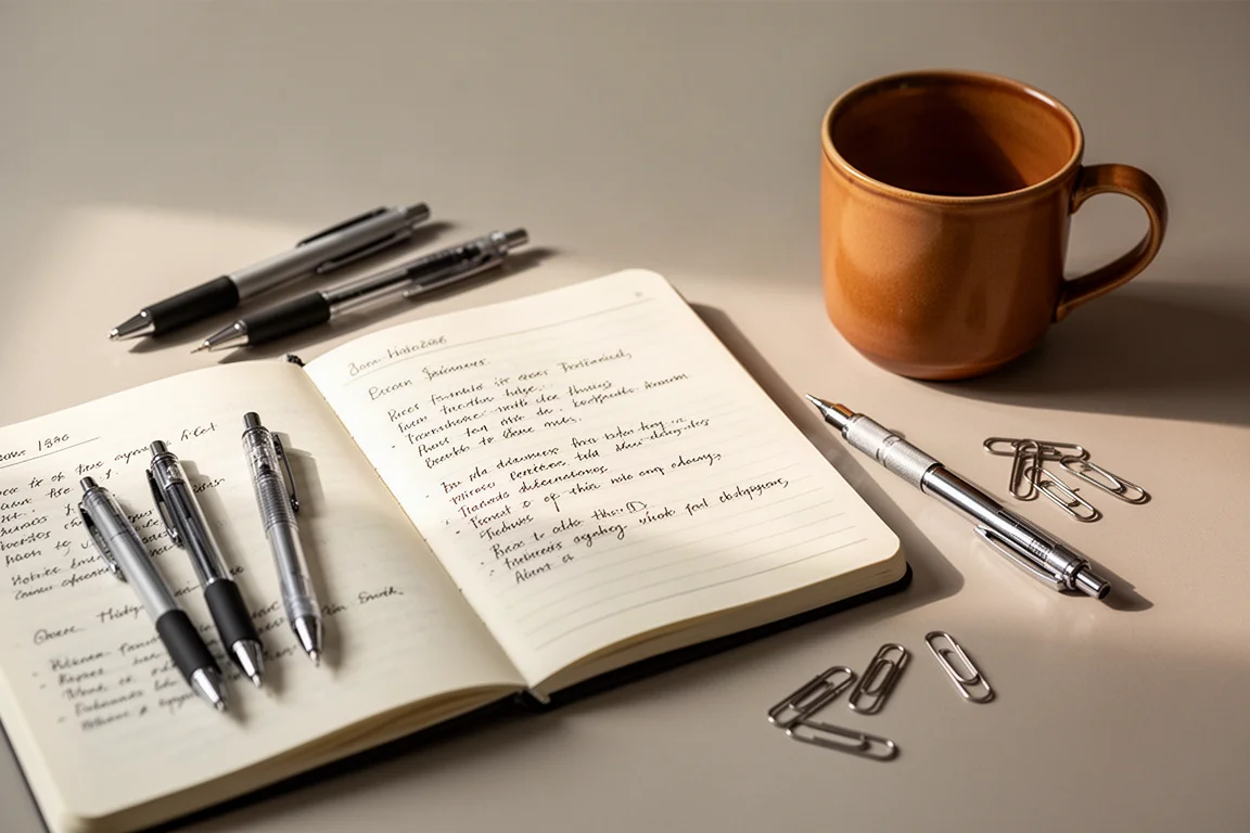 Un escritorio ordenado con cuadernos, plumas y clips dispuestos para escribir