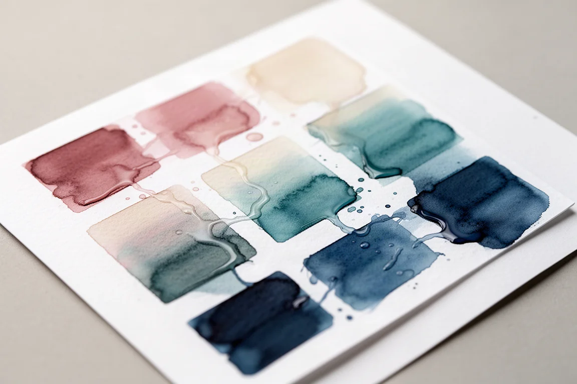 Muestras de tinta de pluma estilográfica en colores secándose sobre tarjetas blancas
