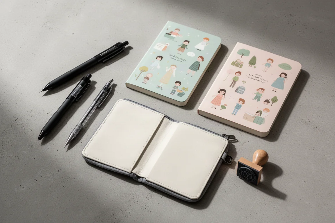 Composizione flat-lay di articoli di cancelleria con penne, matite, taccuini e un portapenne sul cemento
