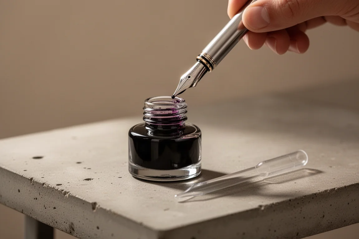 En fountain pen som fylls från en liten bläckflaska på ett rent skrivbord