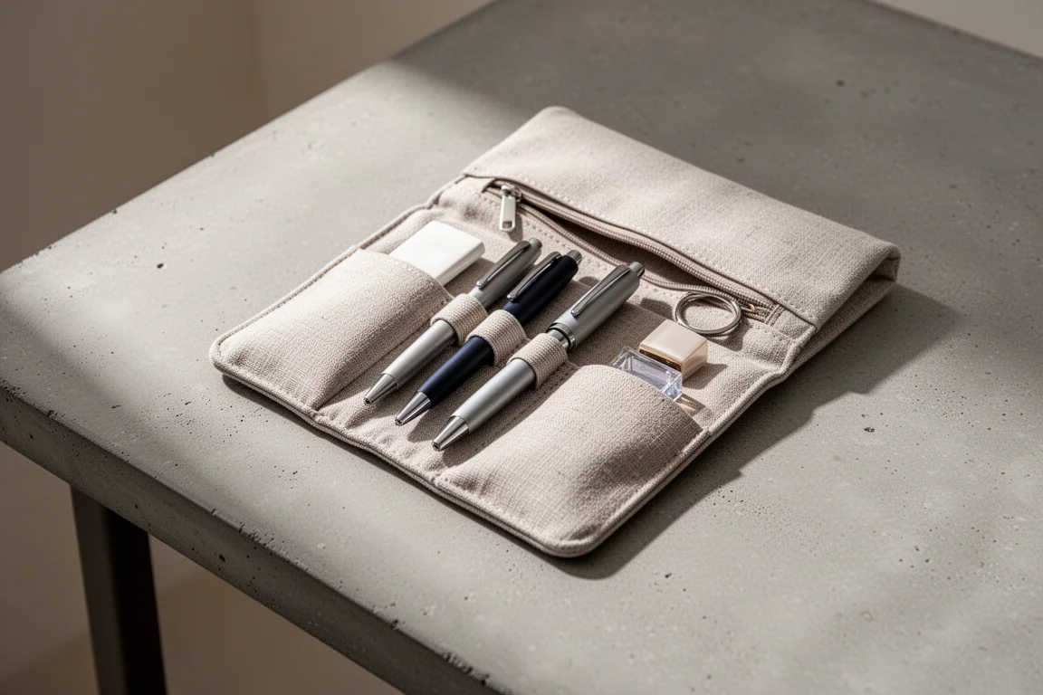 Auf dem Schreibtisch geöffnete Federtasche mit ordentlich verstauten Stiften und Zubehör