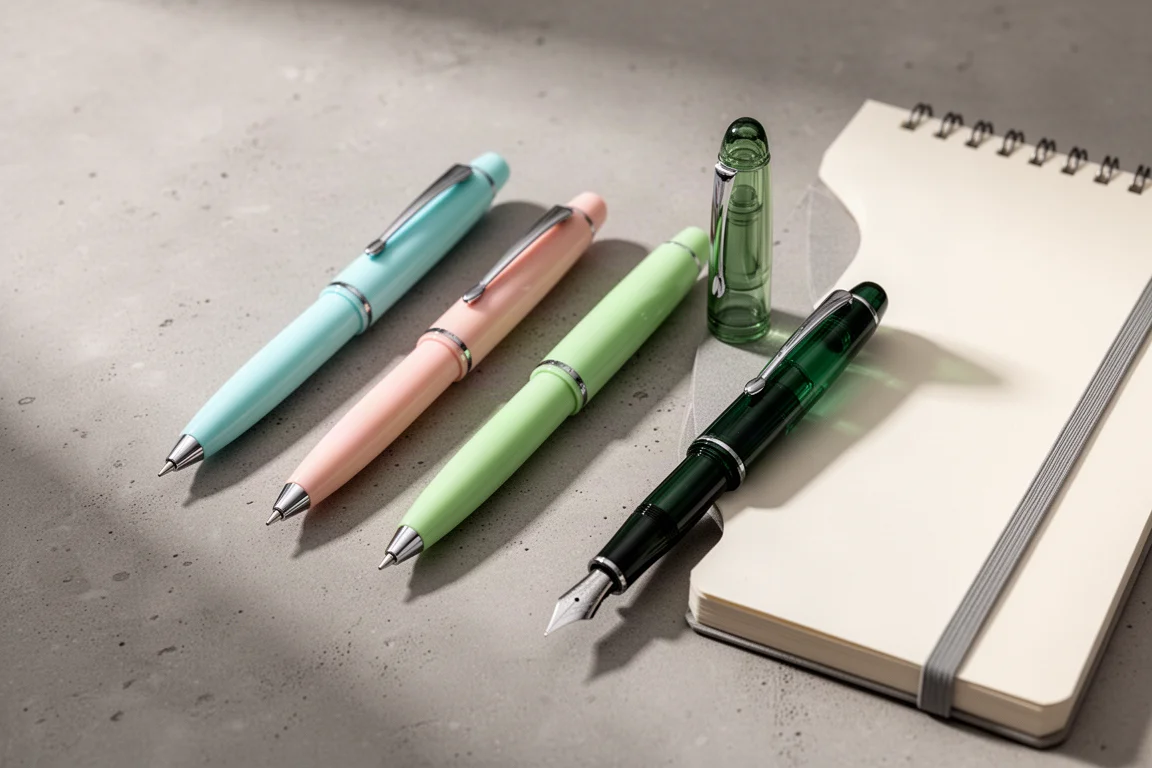 Pastel fountain pens and a spiral notebook arranged on a concrete surface