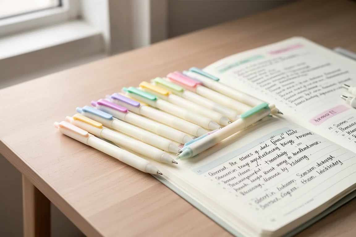 Cremeweiße Gelstifte mit Pastell-Tintenfarben, arrangiert auf einem hellen Schreibtisch aus Holz