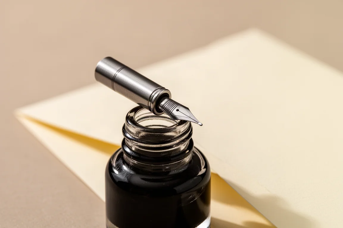 Metallene Feder eines Tintenstifts, ruhend auf einem Tintenfläschchen und Papier