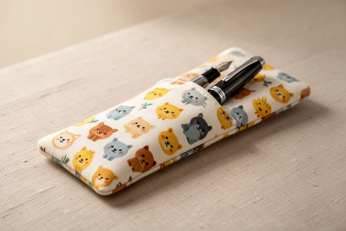 Plüsch-Etui für einen Stift mit darin steckendem Stift vor neutralem Stoffhintergrund
