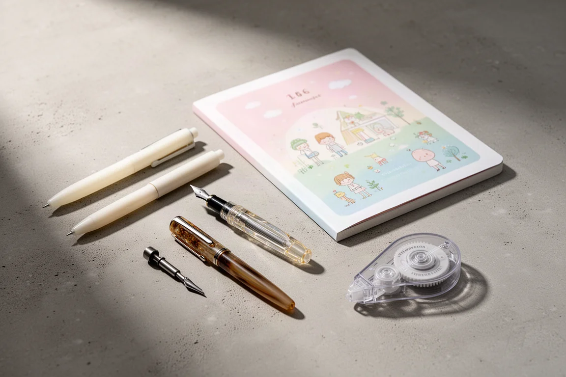 Flat-lay of gel pen, fountain pen, dip nib, notebook, and tape dispenser on concrete