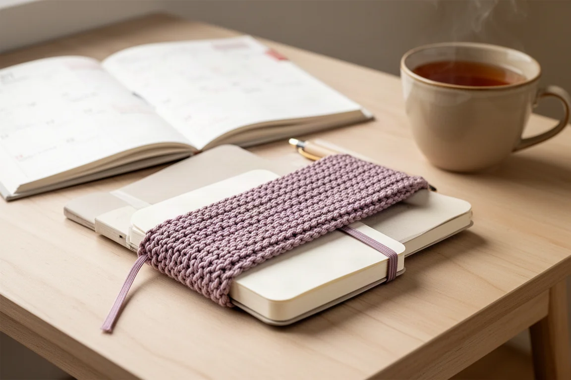 Faixa tricotada esticada sobre um caderno pequeno ao lado de uma caneta sobre a mesa