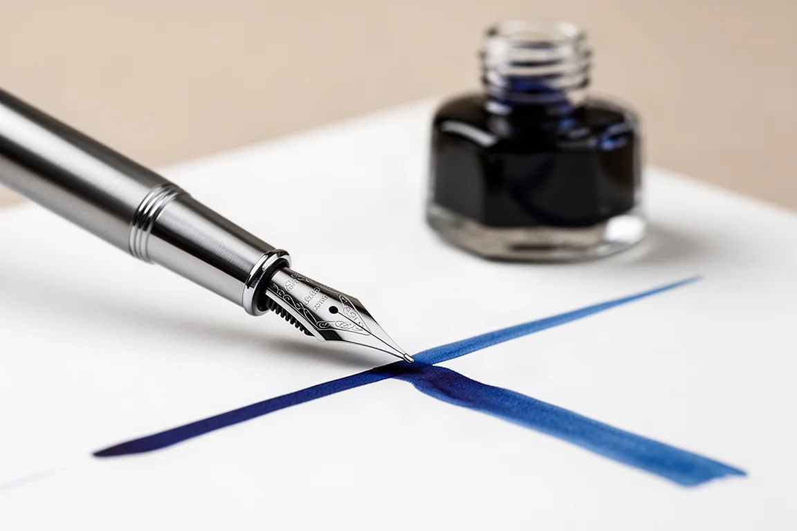 Tinteiro escrevendo com tinta azul exibindo sombreamento visível em papel branco