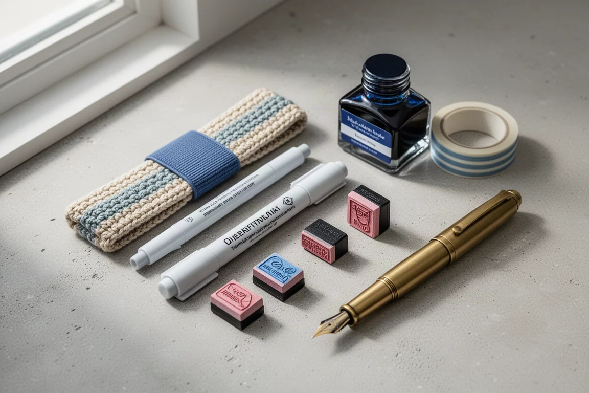 Flat-lay of notebook bands, markers, inks, tapes, and a fountain pen on concrete