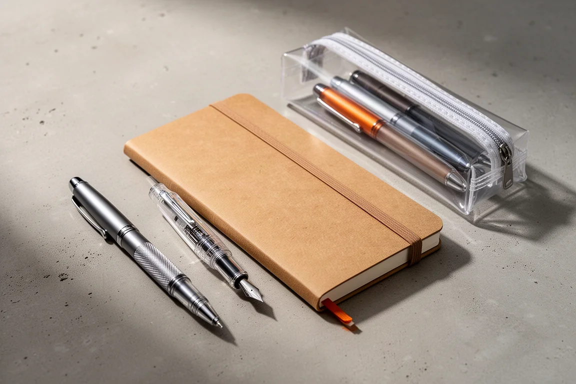 Flat-lay of gel pen, transparent fountain pen, notebook, and pen case on concrete