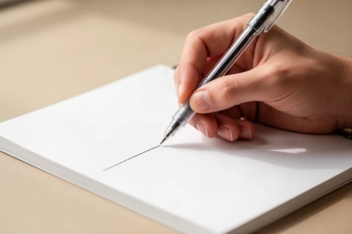 Scrittura a mano con una penna gel a punta fine su carta bianca liscia di un quaderno