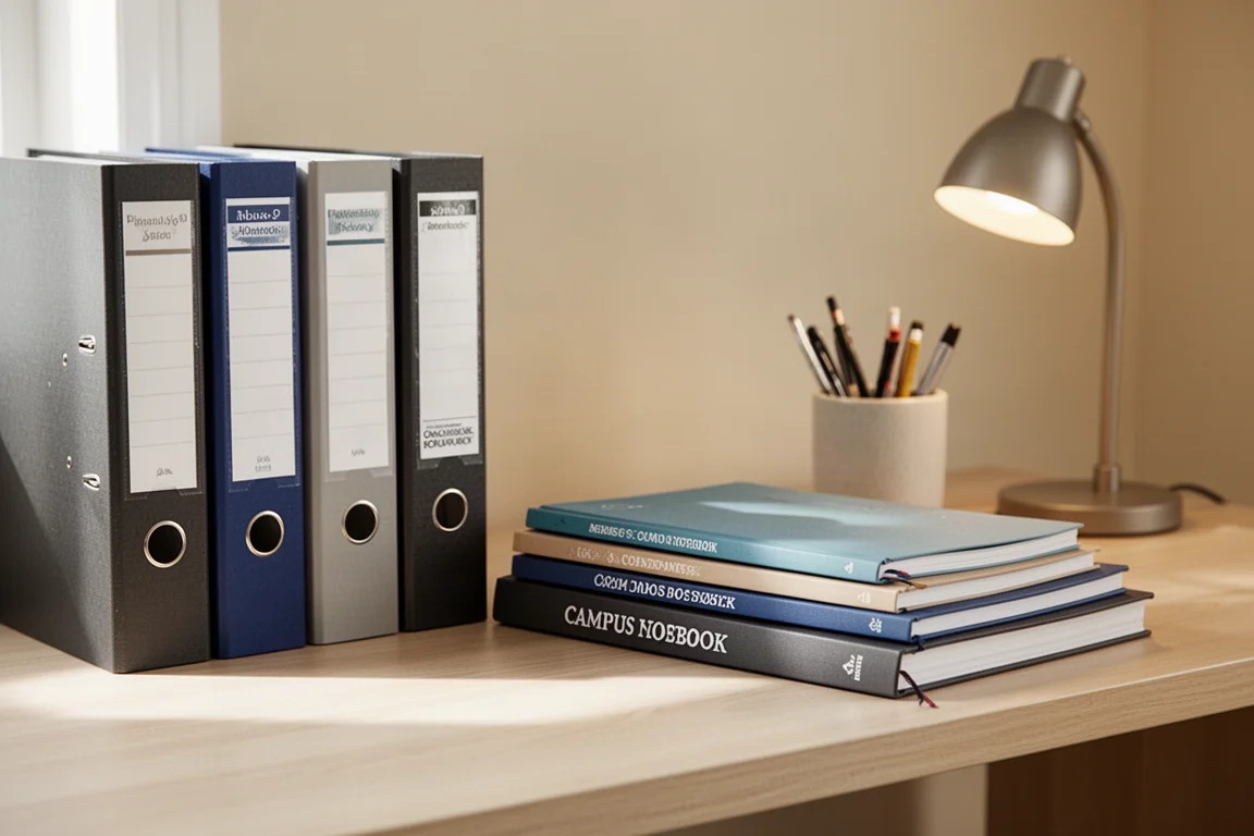 Scrivania studentesca con quaderni ad anelli e materiale di studio disposto ordinatamente