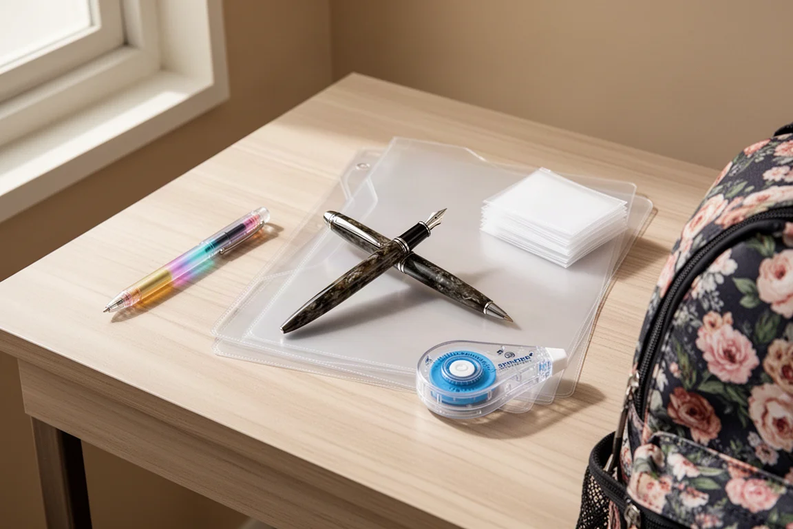 Flat arrangement of pens, folders, an adhesive runner, and a backpack on a wood desk