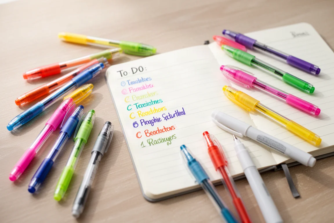 Stylos thermosensibles colorés disposés à côté de notes manuscrites codées par couleur