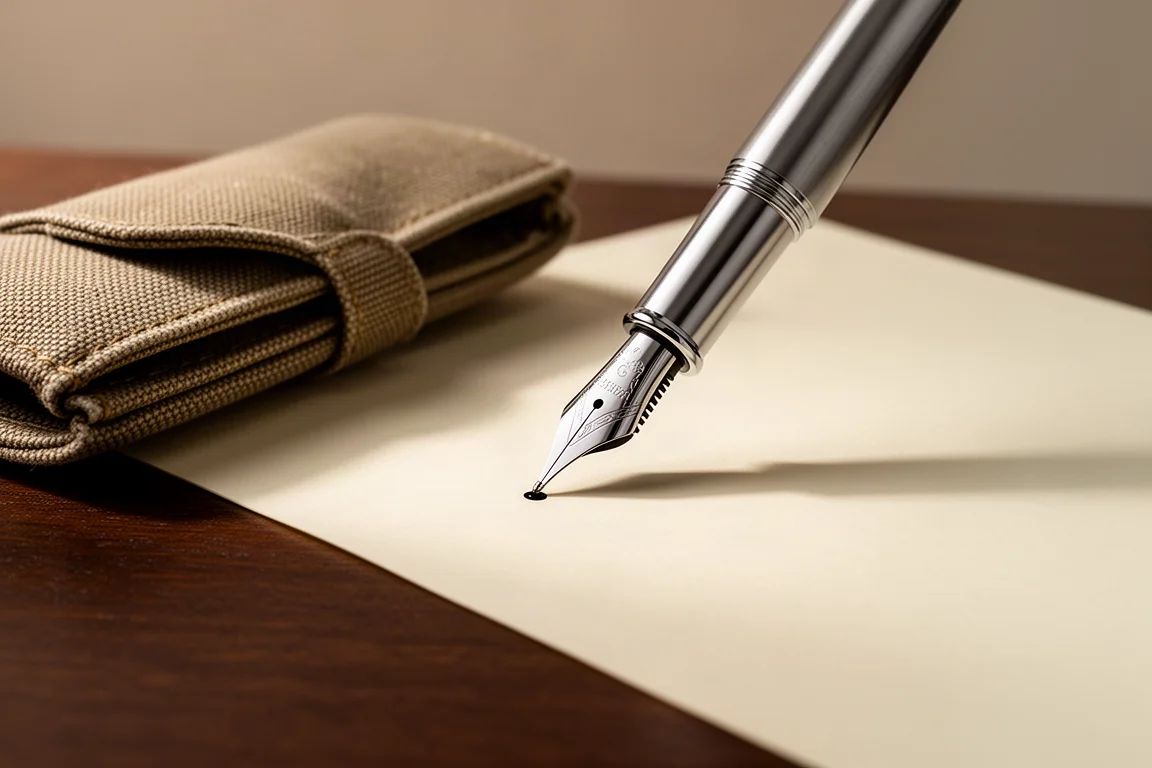 Plume de stylo plume posée sur papier crème sous un éclairage de bureau chaleureux
