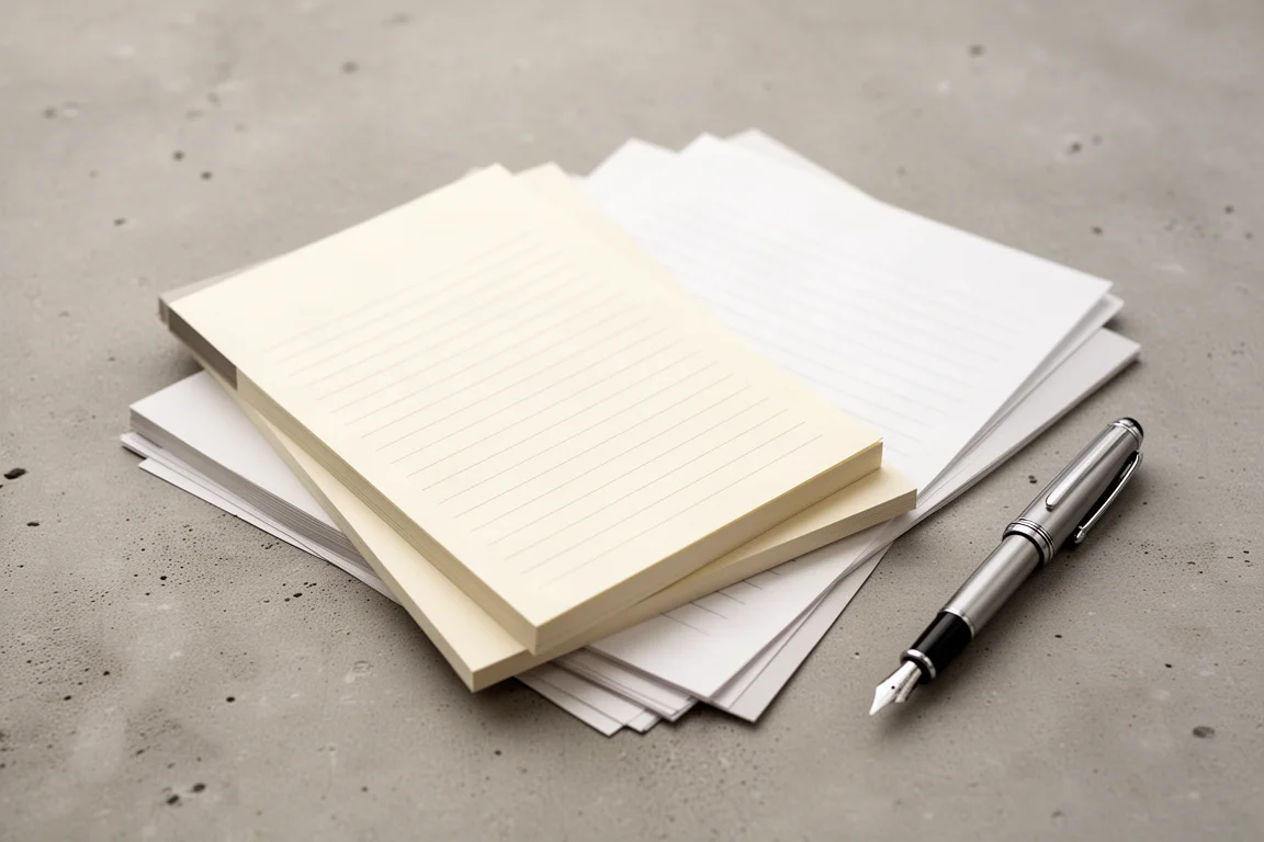 Piles de blocs-notes et feuilles de papier volant sur un bureau d'écriture minimaliste