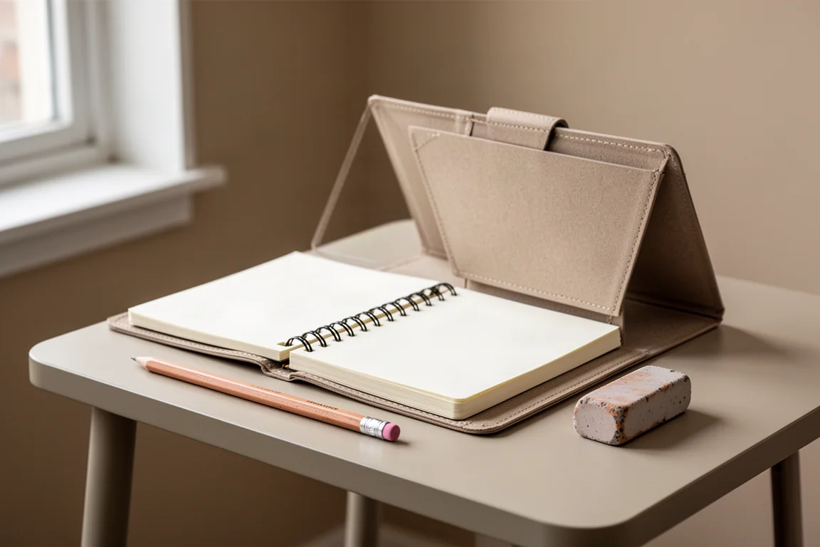 Carnet à anneaux ouvert replié sur un petit bureau avec crayon et gomme à proximité