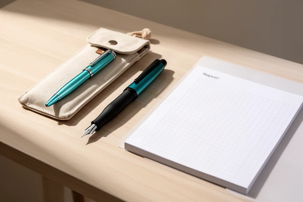 Assortment of fountain pens, ballpoint pens, canvas pen case, and notepad on a wooden desk
