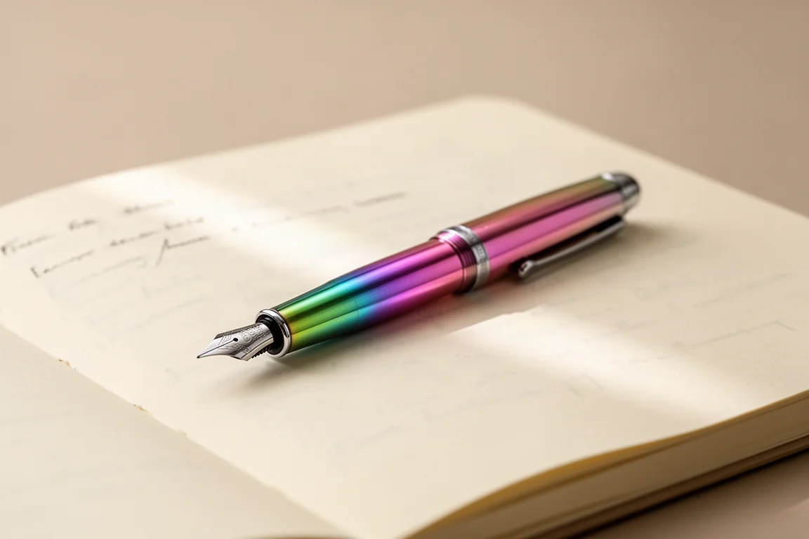 Fountain pen compatta con fusto iridescente scintillante appoggiata su un quaderno