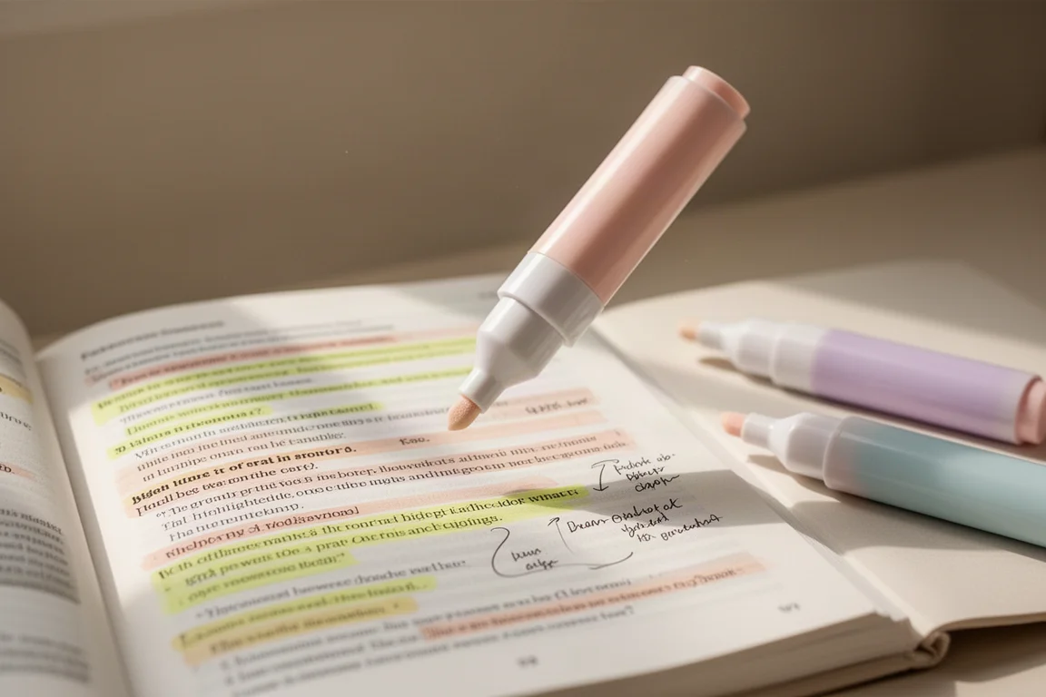 Evidenziatore a doppia punta ruotato tra evidenziazione e scrittura di appunti