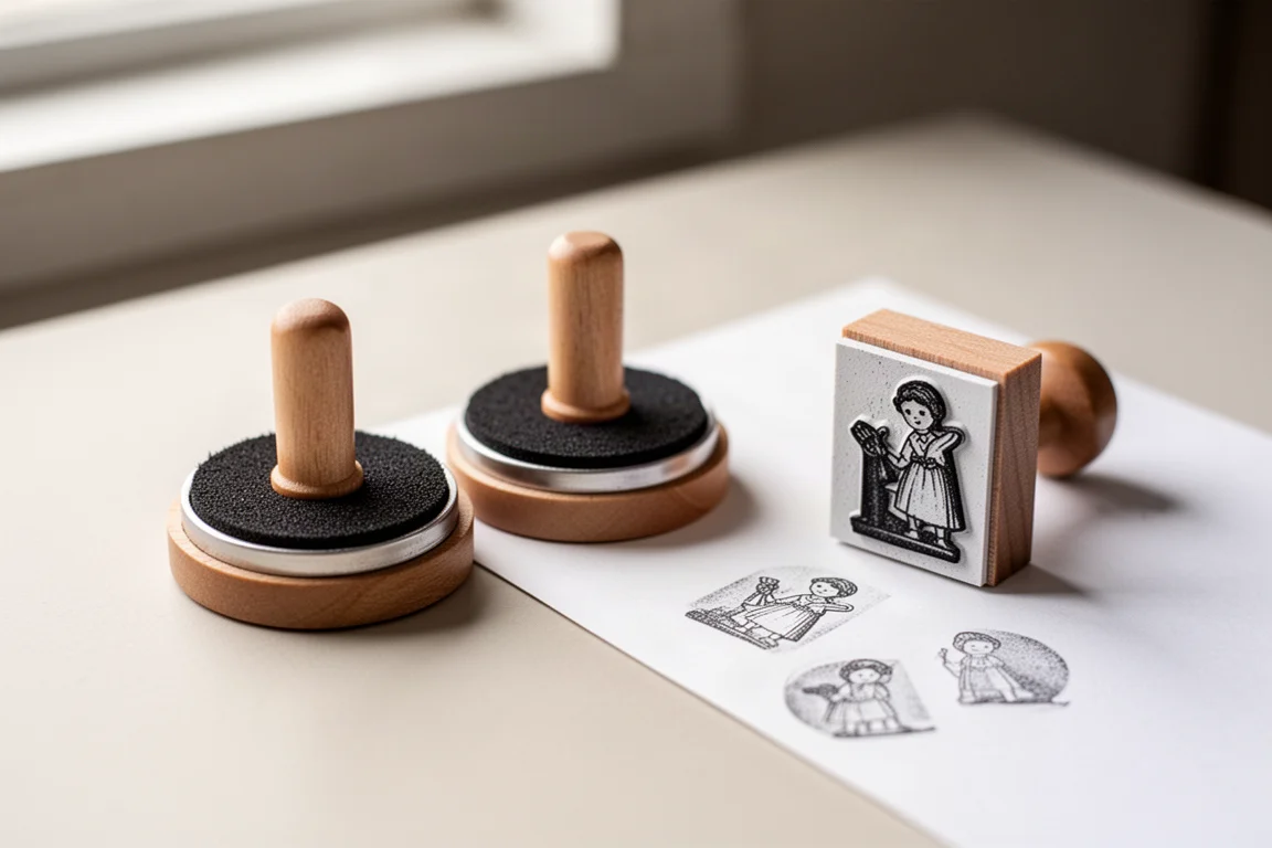 Mini timbri inchiostrati da dito tamponati su un piccolo timbro in gomma