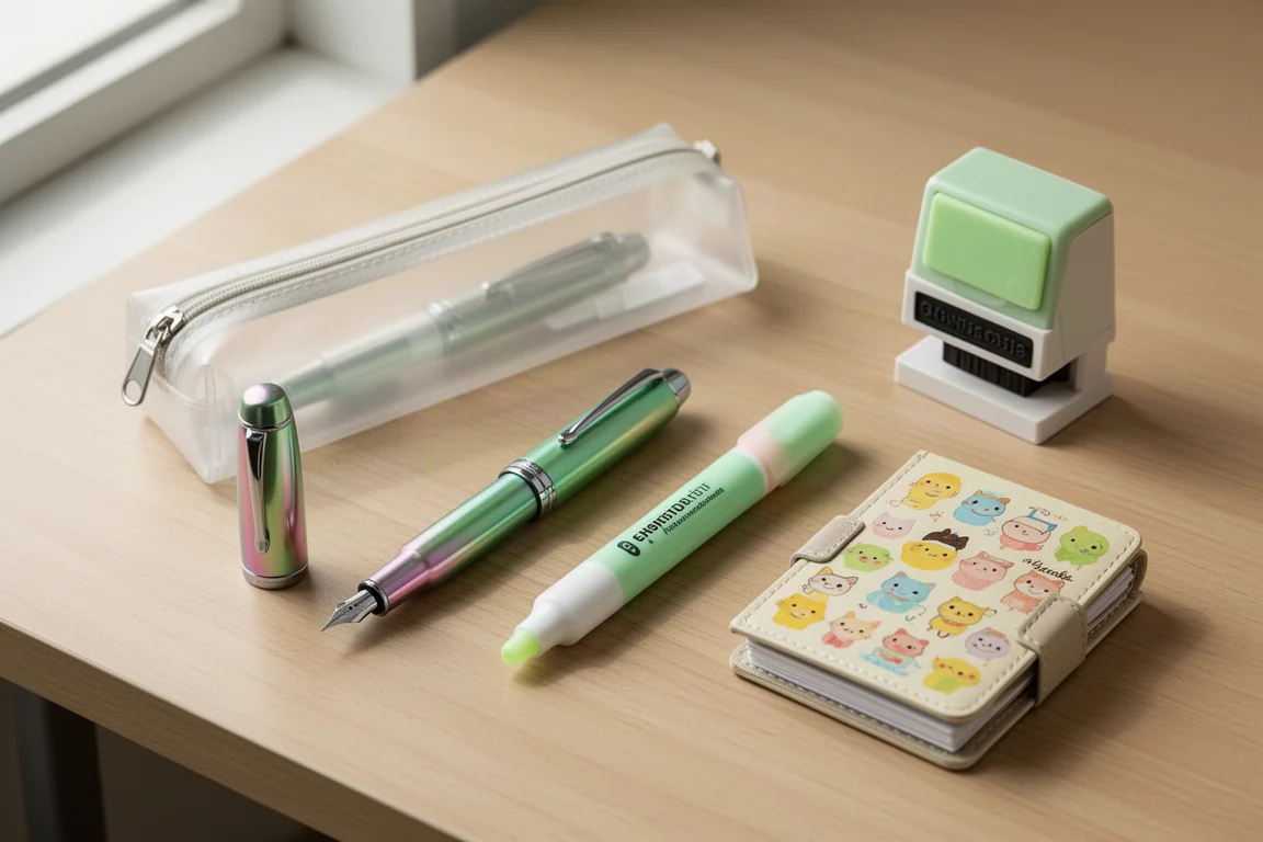 Fountain pen, clear pen case, dual-tip highlighter, and stamp file arranged on a light wood desk