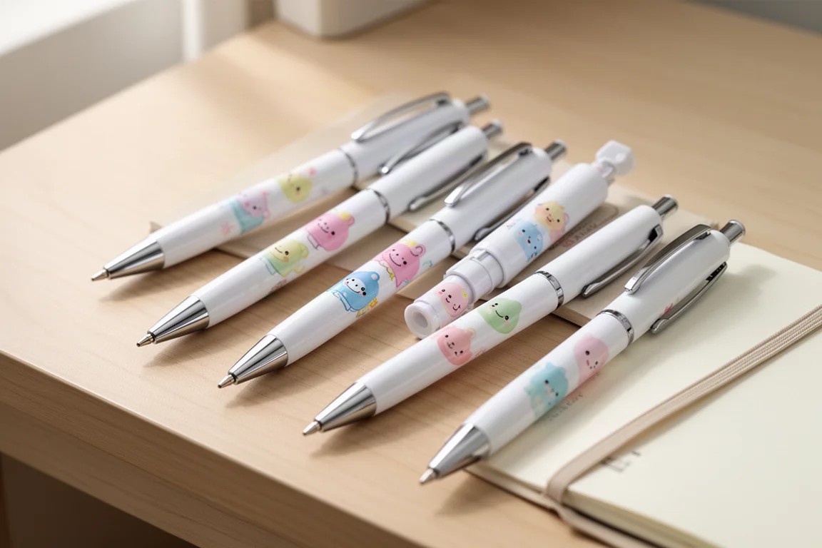A set of ballpoint pens decorated with playful character illustrations on a wooden desk