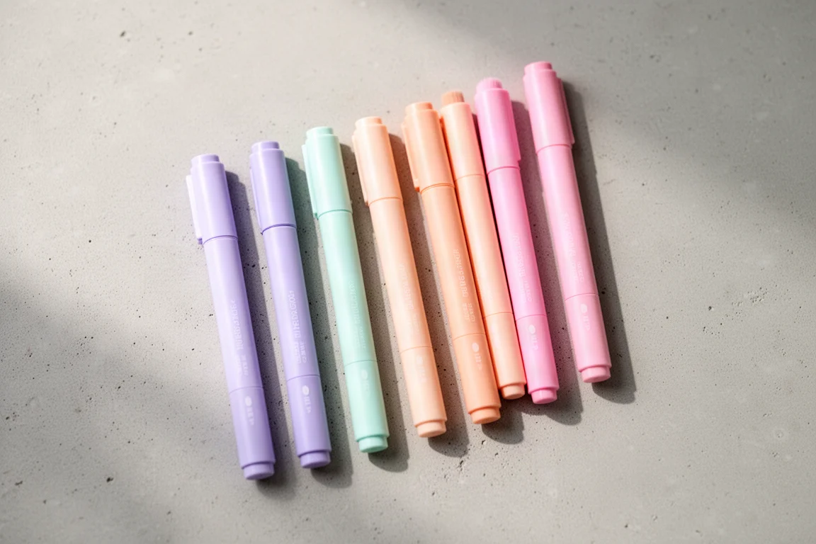 Pastel brush markers laid out in a row on a pale concrete surface