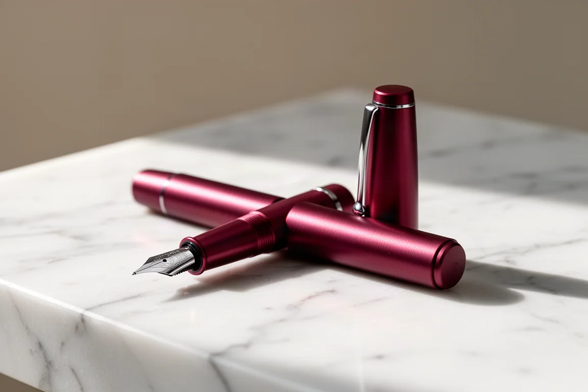 A compact pocket fountain pen with an aluminium body resting on a marble surface