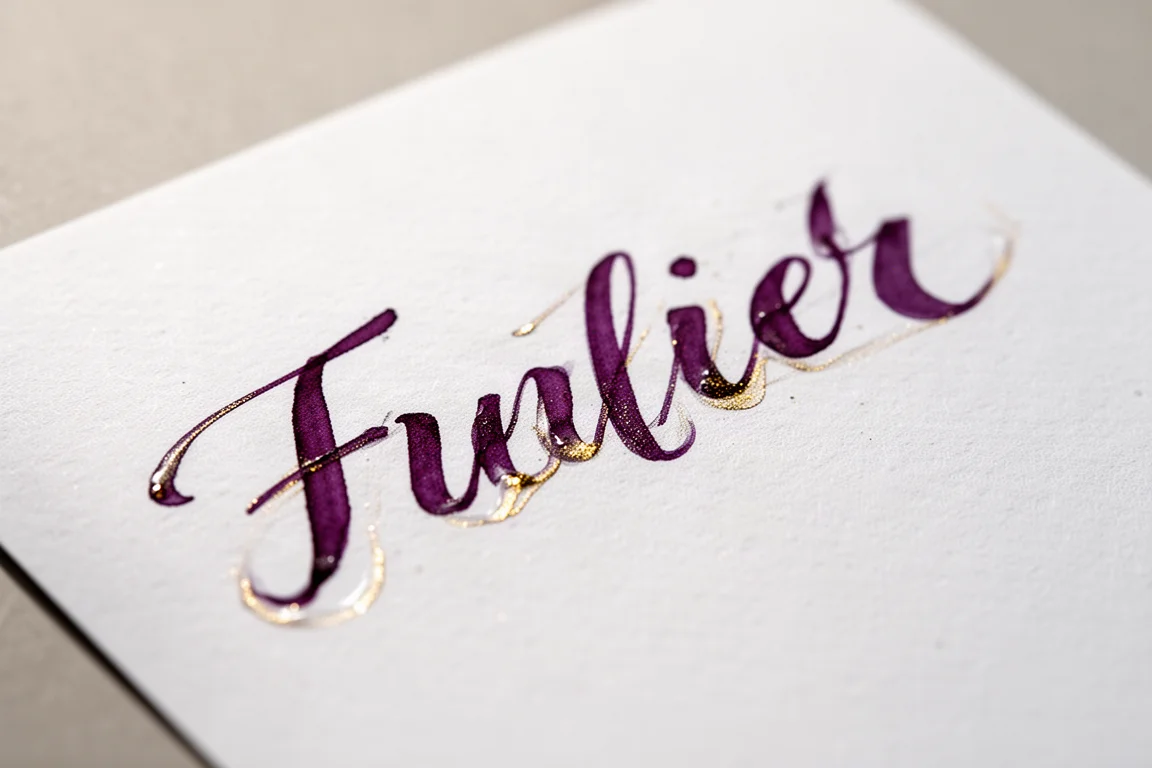Deep purple fountain pen ink flowing onto white paper with subtle shimmer