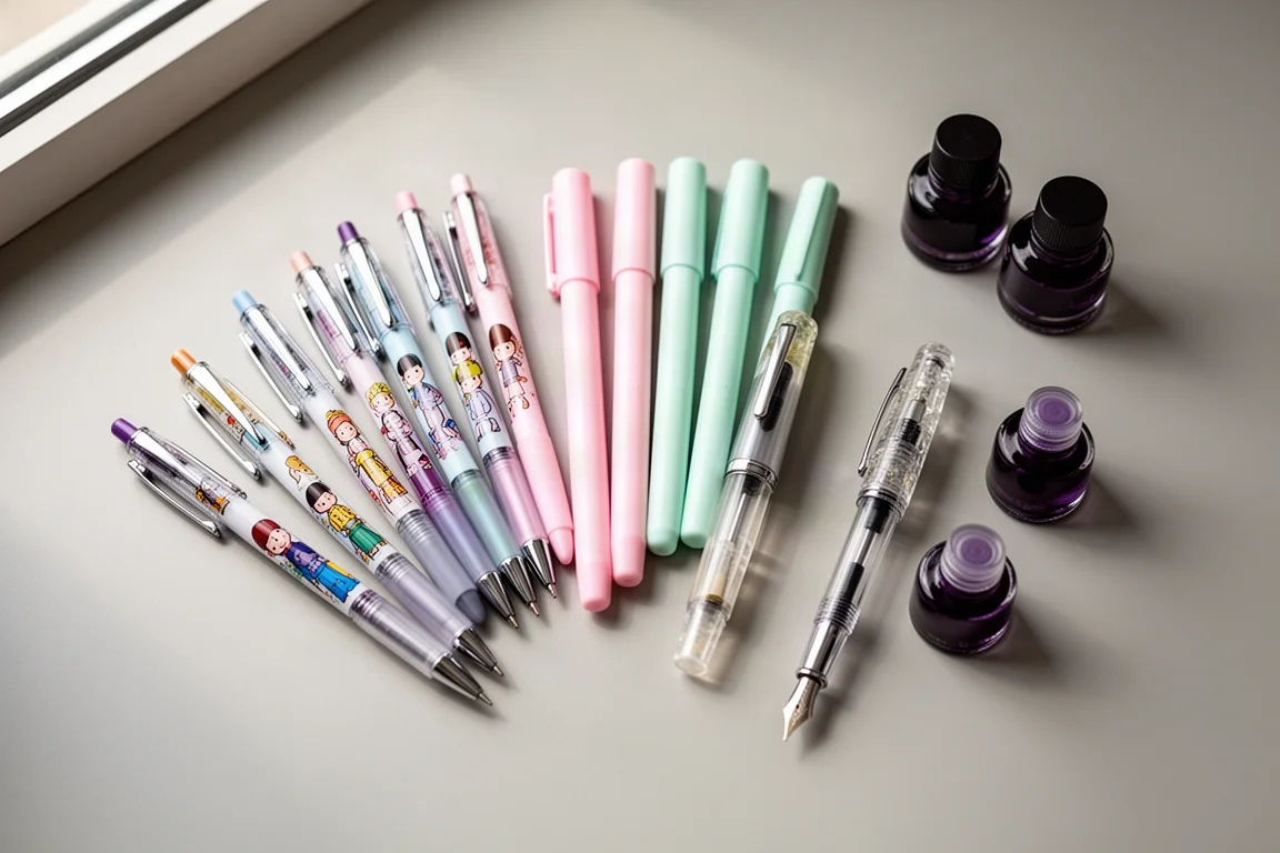 Flat-lay of pens, brush markers, fountain pens, and ink bottles on a light grey desk