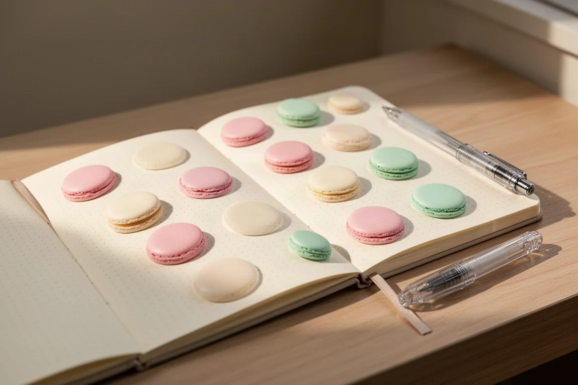 Página de caderno aberta decorada com adesivos em tons pastéis de macaron ao lado de uma caneta