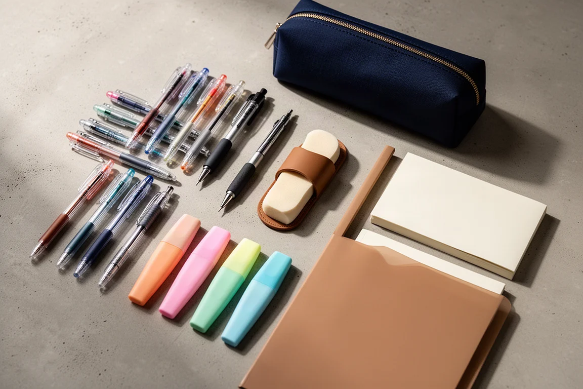 Flat lay of school stationery including pens, pencil, eraser, highlighters, pen case, notebooks, and folders