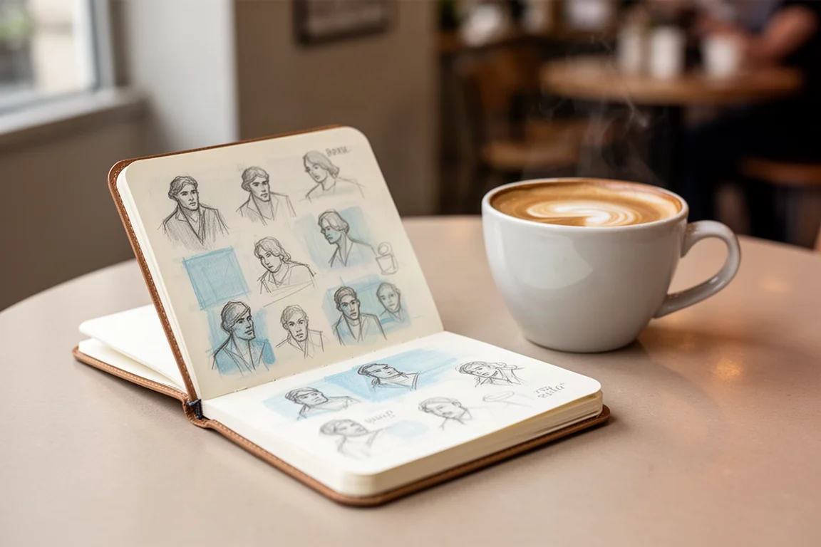 Liten fickskissbok öppen på ett cafébord med snabba miniatyrskisser