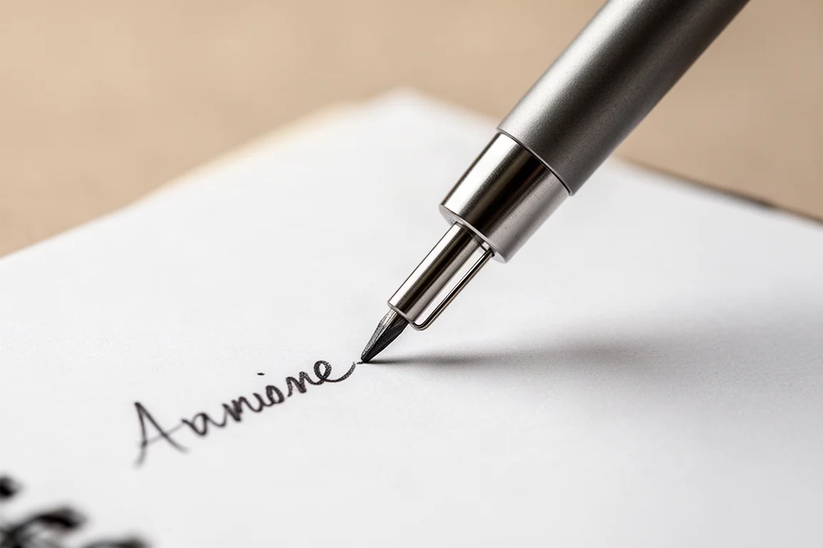 Close-up van een vulpotlood dat op papier schrijft, met de huls die de mijt beschermt
